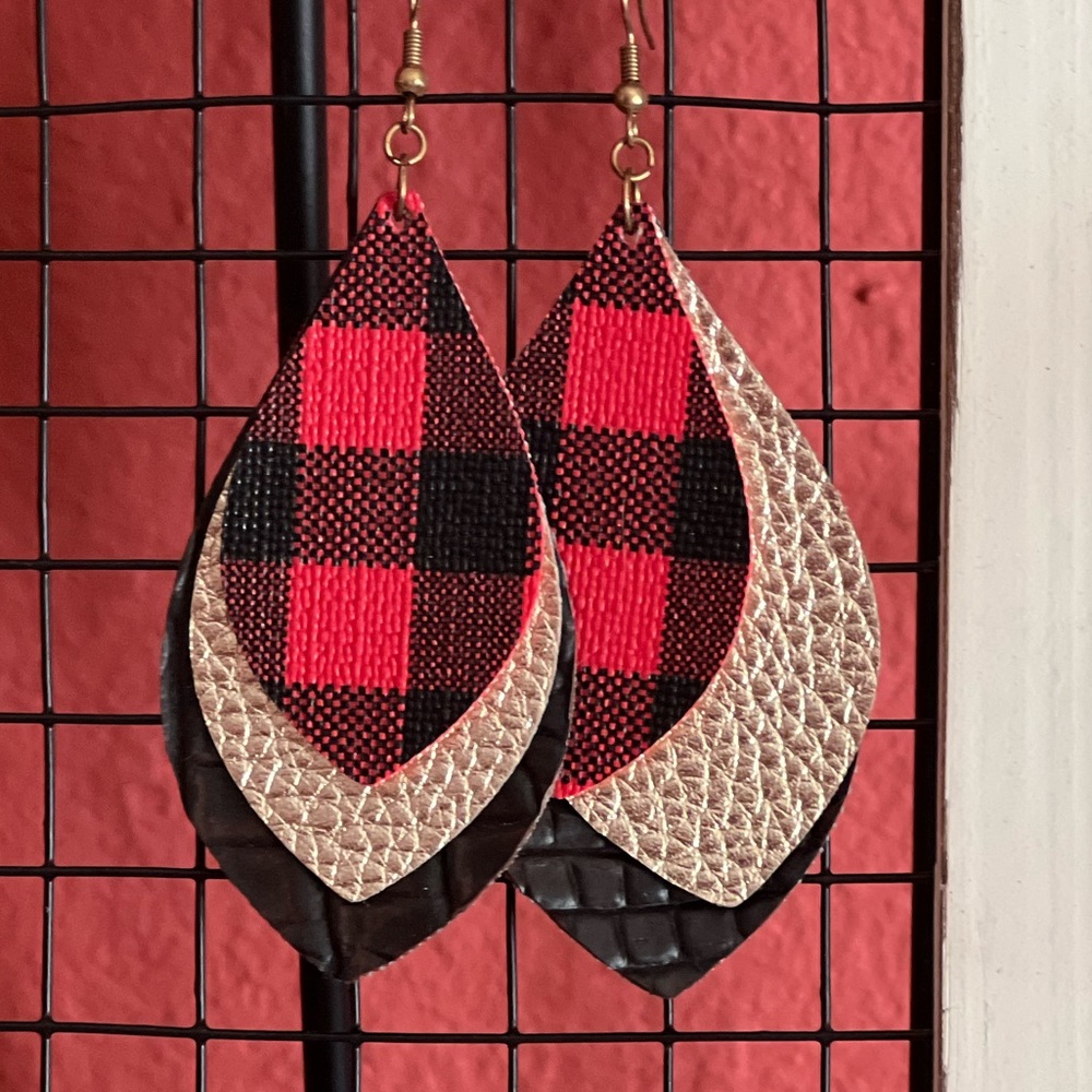 Red Black Buffalo Plaid Gold triple layer teardrop faux leather earrings